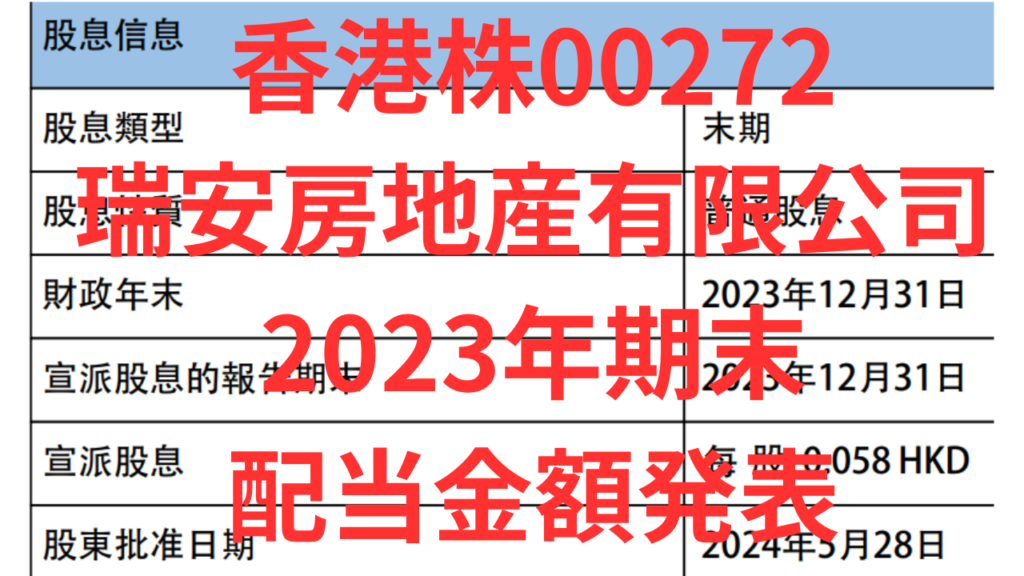 香港株00272瑞安房地産有限公司2023年期末配当金額発表