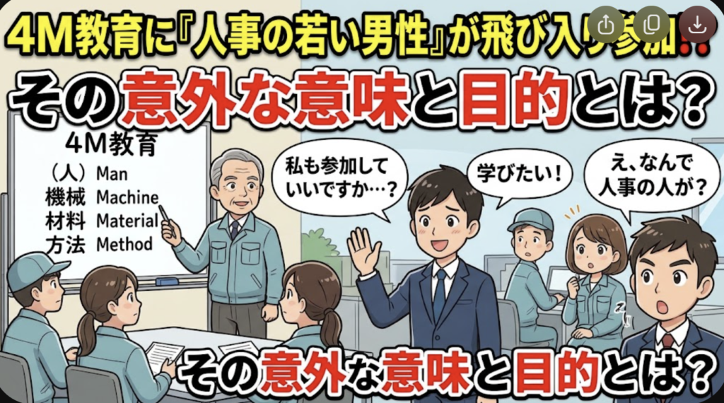 ４Mについて教育をします。対象者はQA部門の検査員です。人事の若い男性が私も教育に参加してもいいかと聞いてきた。